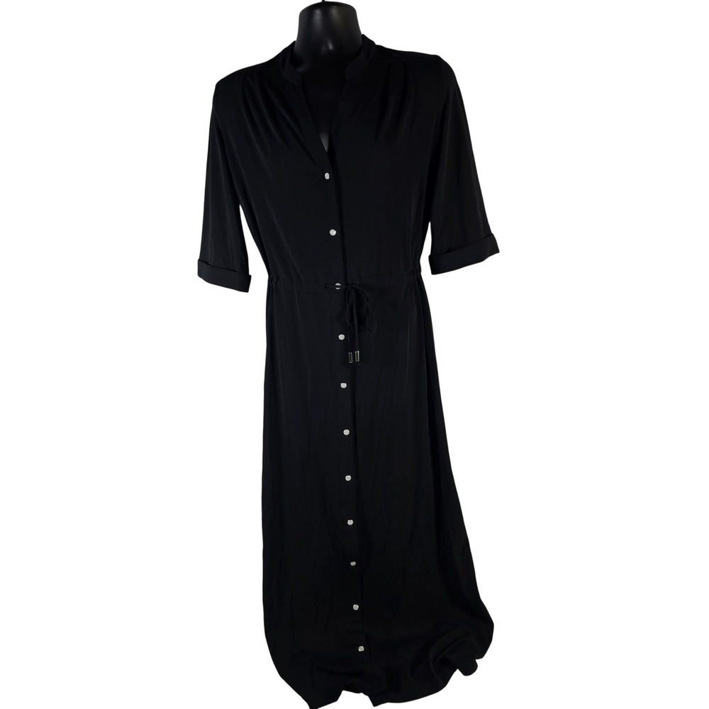 Iris Setlakwe Black Midi Shirt Dress Tie Waist Roll Tab Sleeve‎